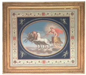 En av et sett med fire dekorative paneler som viser Apollo, Mars, Venus og Merkur i vogner, omgitt av pompeianske grotesker (kroppsfarge over etsning på papir)