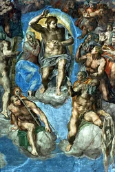 Kristus, detalj fra "Dommedag" i Det sixtinske kapell, 16. århundre, med selvportrett av Michelangelo som den hellige Bartolomeus som holder flådd hud