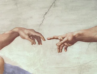 Hands of God and Adam, detalj fra The Creation of Adam, fra det sixtinske tak, 1511 (forhåndsrestaurering)