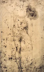 Studie av en mannlig naken med hevet venstre ben; tegning av Michelangelo. Musée du Louvre, Paris