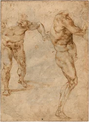 To nakenstudier av en mann som stormer fremover og en annen som vender seg mot høyre, ca. 1504