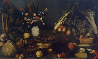 Stilleben av blomster og planter (olje på lerret)