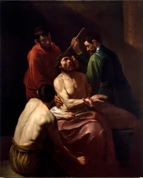 Tornekroningen, maleri av Michelangelo Merisi, kalt Caravaggio eller il Caravaggio (1571-1610) (nylig attribuert). Mål: 203 x 166 cm. Genova, Chiesa di San Bartolomeo della Certosa