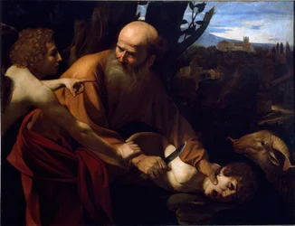 Isaks offer. En engel holder Abrahams hånd tilbake før ofringen av hans sønn Isak, som Herren har befalt. Maleri av Michelangelo Merisi, kalt Caravaggio (1571-1610), 1594-1596. Mål 104x135 cm. Firenze, Galleria degli Uffizi