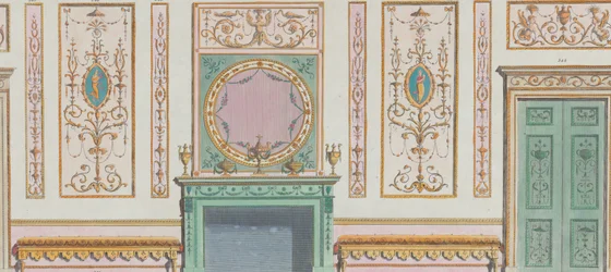 Innvendig dekorert vegg med dører og peis, nr. 344-350..., 20. mars 1785.