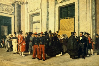 Inngangshallen til Santa Maria Maggiore, ca 1865, av Michele Cammarano (1835-1920), Italia, Olje på lerret.