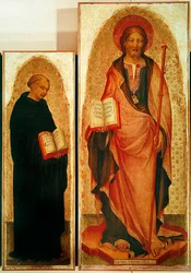 Saint James med helgener, detalj av St James og Filippo Benizzi, ca. 1450 (tempera på panel med gull) (detalj av 256989)