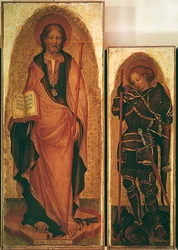 Saint James med helgener, detalj av St. James og St. Michael the Archangel, ca. 1450 (tempera på panel med gull) (detalj av 256989)