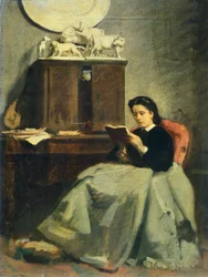 Kone leser av Michele Gordigiani (1830-1909), olje på lerret, 45x34 cm