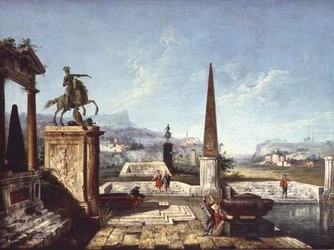 En Capriccio av klassiske monumenter, en obelisk med soldater ved et basseng og fjell bortenfor (olje på lerret)