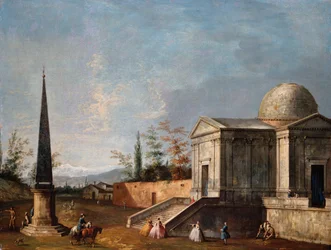 Elegante figurer foran en kuppelformet klassisk kirke, en obelisk til venstre