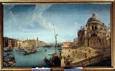 Utsikt over inngangen til Canal Grande og Salutekirken i Venezia Maleri av Michele Marieschi (1710-1741) Søn fra 1700-tallet. 1,25x2,13 m