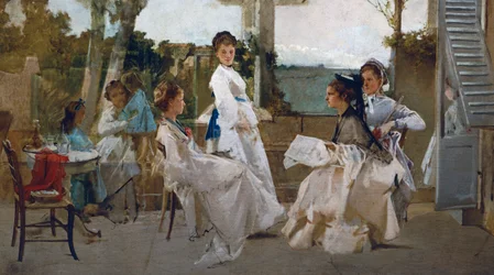 Under pergola, maleri av Michele Tedesco (1834-1917), olje på lerret, 81x139 cm, Italia