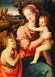 Madonnaen og barnet med spedbarnet Døperen Johannes, et skogkledd elvelandskap med et imaginært palass utenfor,