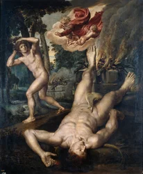 La mort de Abel - Abels død - Peinture de Michiel Coxcie (Coxie, Coxien, De Coxien, De Coxcie, Coxius, Van Coxcie) (1499-1592), etter 1539 - Olje på tre