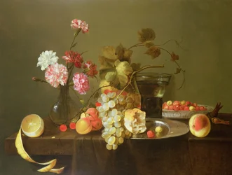 Stilleben av frukt og blomster