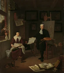 Portrett av Michiel Comans (1614-1687), kalligraf, etser, maler og skolemester, med sin tredje kone Elisabeth van der Mersche