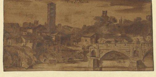 Utsikt over S. Maria i Cosmedin, Vesta-tempelet og Ponte S. Maria i Roma