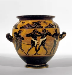Attic svart-figur stamnos som viser boksere, ca. 520-500 f.Kr. (keramikk) (se også 100575)