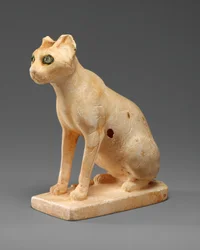 Kosmetisk kar i form av en katt, ca. 1990–1900 f.Kr. (malt travertin, kobber, kvartskrystall)