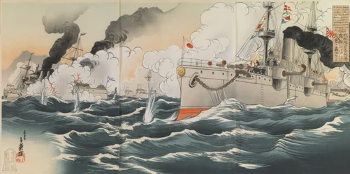 Stor seier: Vår flåte sank to russiske skip, henholdsvis Varyag og Korietz, 9. februar 1904 ved havnen i Jinsen (Chemulpo)