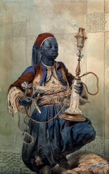 ""Portrett av Nubian with a Waterpipe"" (Nubian with a Waterpipe) Akvarell av Mihaly Zichy (1827-1906) 1862 Dim 49,5x31 cm Privat samling