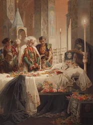 Tamara i kisten. Illustrasjon til diktet Demonen av Mikhail Lermontov, ca. 1880