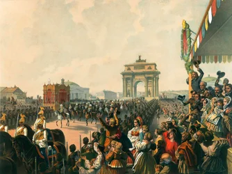 Triumferende inntog av deres majesteter Alexander II og Maria Alexandrovna i Moskva, 1856.