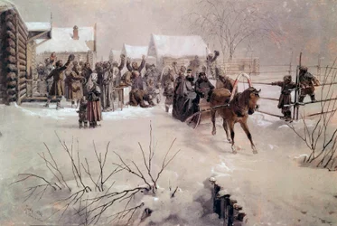 Tsar Alexander II (1818-1881) i en slede krysser en landsby under snø Akvarell av Mihaly von Zichy (1827-1906) St. Petersburg fra 1800-tallet, Chateau de Peterhof