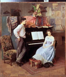 ""Kunstneren og hans kone"" Den unge kvinnen med senkede øyne sitter ved pianoet under ektemannens blikk. Maleri av Mikhail Ignatiev (1870-1934) rundt 1900 Regional Art Gallery, Vologda
