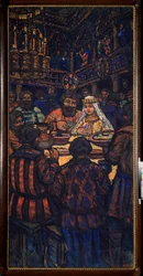 The Wedding of the Grand Duke Vladimir I Svyatoslavich (kjent som den store eller røde solen, 958-1015) (The Wedding of the Grand Duke Vladimir I Svyatoslavich) Bryllupsbankettscene - Maleri av Mikhail Nikolayevich Yakovlev (1880-1942), olje på lerret, ca 