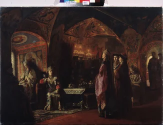 Tsarinaens bolig (Tsarevnas bolig). Komposisjon over temaet gamle Russland, tradisjonell drakt og dekorasjon av fyrstedømmet Moskva. Maleri av Baron Mikhail Petrovich Klodt (1835-1914), olje på lerret