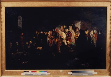 The Empress Giving Alms (Empress Giving Alms). Tsarinaen, omgitt av adelsmenn og geistlige, gjør veldedighet til en forsamling av trengende mennesker som kneler foran henne. Maleri av Baron Mikhail Petrovich Klodt (1835-1914), olje på lerret