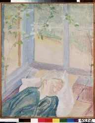 Portrett av kunstneren Elena (Yelena) Guro (1877-1913), kone til maleren (Portrett av kunstneren Y. Guro, kunstnerens kone). Representert å sove under vinduene på terrassen, iført en bluse og iført et skjerf. Maleri av Mikhail Vasilyevich Mati