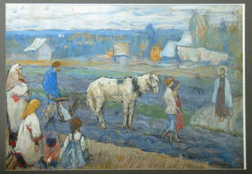 På åkeren (Bønder stopper jordbruksarbeid foran Jesu tilsynekomst på vei) (Ved åkeren) - Maleri av Mikhail Vasilyevich Nesterov (1862-1942), gouache på papp (15,8x24 cm)