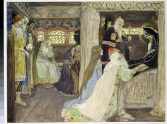 Storhertug Alexander Nevskys død (1220-1263). (Storhertug Alexander Nevskys død). Verk av Mikhail Vasilyevich Nesterov (1862-1942), akvarell og gouache på papir
