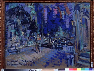Scenedesign for teaterstykket Le bal masque av Mikhail Lermontov (1814-1841) (Scenedesign for teaterstykket Maskeraden av M.Lermontov). Verk av Konstantin Alexeyevich Korovin (Constantin Korovin) (1861-1939), gouache på papp