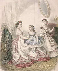 To kvinner og en liten jente iført de siste innendørsmotene, c1860