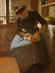 Kvinne som polerer en vannkoker, ca. 1912 (olje på lerret)