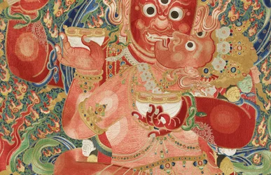 Detalj av keiserlig brodert silke Thangka