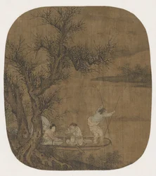 Nyter et måltid om bord på en båt, 1500-1600-tallet (blekk og farge på silke)