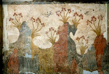 Minoisk kunst: "" Spring"" Fresco fra Akrotiri til Santorini. 1500-tallet f.Kr. Athen, Nasjonalt arkeologisk museum