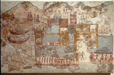 Minoisk kunst: «Båter». Freske fra Akrotiri på Santorini. 16. århundre f.Kr. Athen, Det nasjonale arkeologiske museet.
