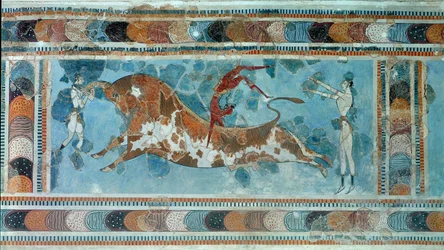 Minoisk sivilisasjon: "" scene av taurokathapsia (eller taurocatapsia), kretisk sport som består av å hoppe på ryggen av en okse""" Fresco fra palasset til kong Minos a Cnossos (Knossos). 1700-1400 f.Kr. Heraklion, arkeologisk museum