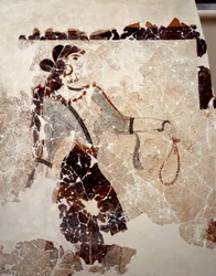 Minoisk sivilisasjon: kvinner i tilbedelse. Detalj. Freske fra lustralbassenget i Xeste 3 i Akrotiri (Thera), Santorini. Mål 143 x 381 cm, 16. århundre f.Kr. Santorini, Samling av fresker fra Akrotiri på Thera