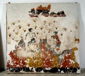 Minoisk sivilisasjon: kvinner plukker safran. Freske fra det lustrale bassenget til Xeste 3 i Akrotiri (Thera), Santorini. Dim. 244x266 cm 1500-tallet f.Kr. Santorini, Samling av fresker av Akrotiri a Thera