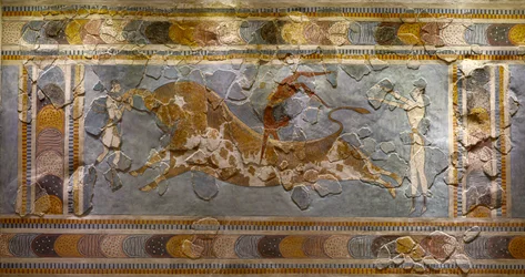 Detalj av oksehoppfresken. Funnet i Knossos