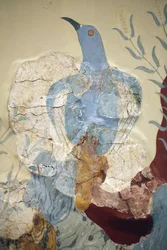 Minoen kunst. Detalj av "" Blue bird" Fresco eller "" Den blå fuglen på Kreta"". Et av de tidligste og viktigste maleriene fra det såkalte ç Freskomaleriens hus è på Knossos er det av ç Blue Bird è. Den er veldig fragmentarisk og absolutt belo