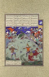 The Combat of Rustam and Ashkabus, Folio 268v fra Shahnama Book of..., ca. 1525-30.
