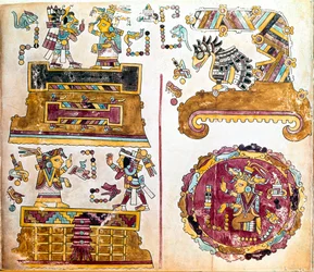 Mixtec-sivilisasjon: Mixtec-kodeks med illustrasjoner av daglige aktiviteter - Precolombiansk kunst, blandet sivilisasjon: scenes de vie quotidienne - Detalj av en kopi av Codex Vindobonensis eller wienerkodeks sendt av Hernan Cortes til Charles V i 1519 -